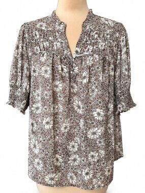 PLEIONE Sheer Floral Blouse with Smocked Puff Sleeves NWT